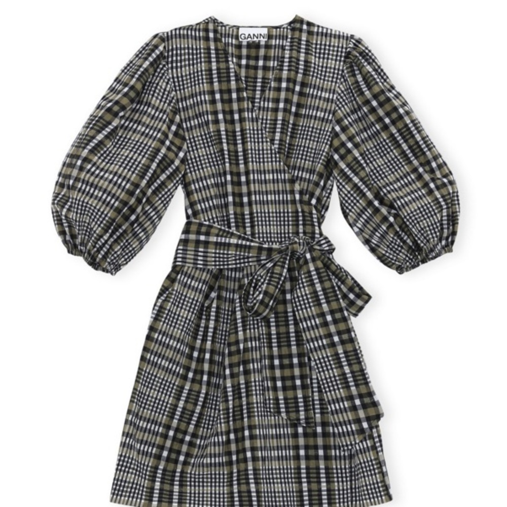 Ganni Checkered Puff Sleeve Dress